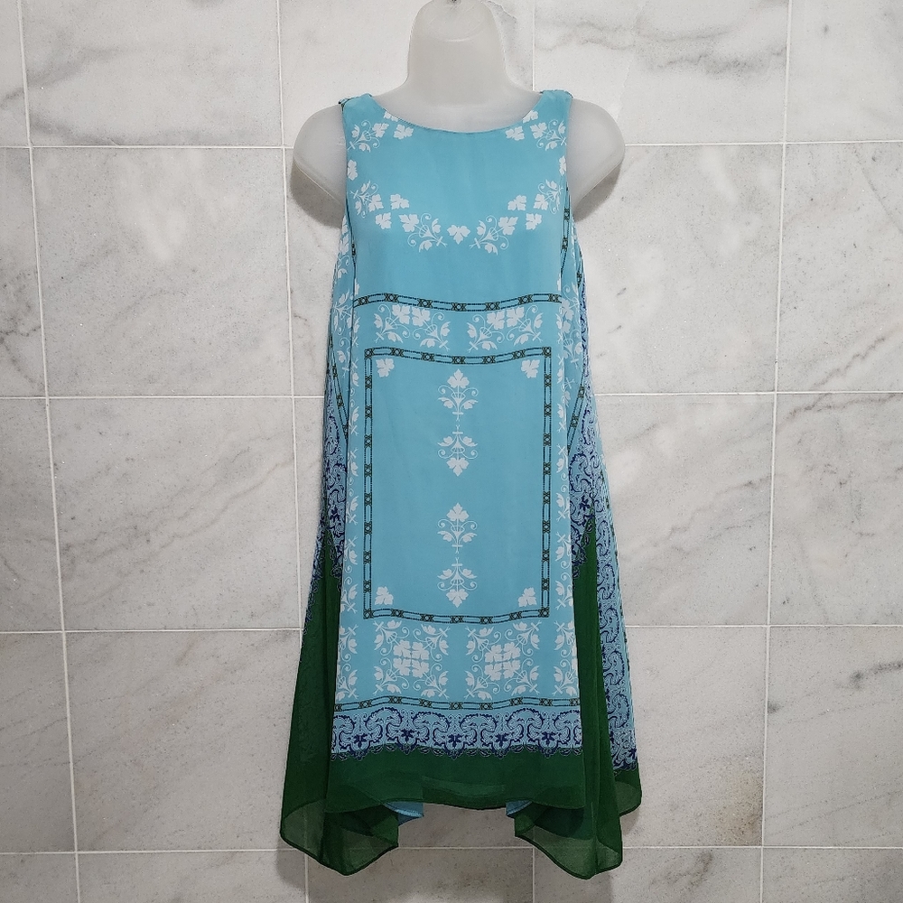 Max Studio Scarf Print Boatneck Shift Dress Sleeveless Blue Green Floral xs